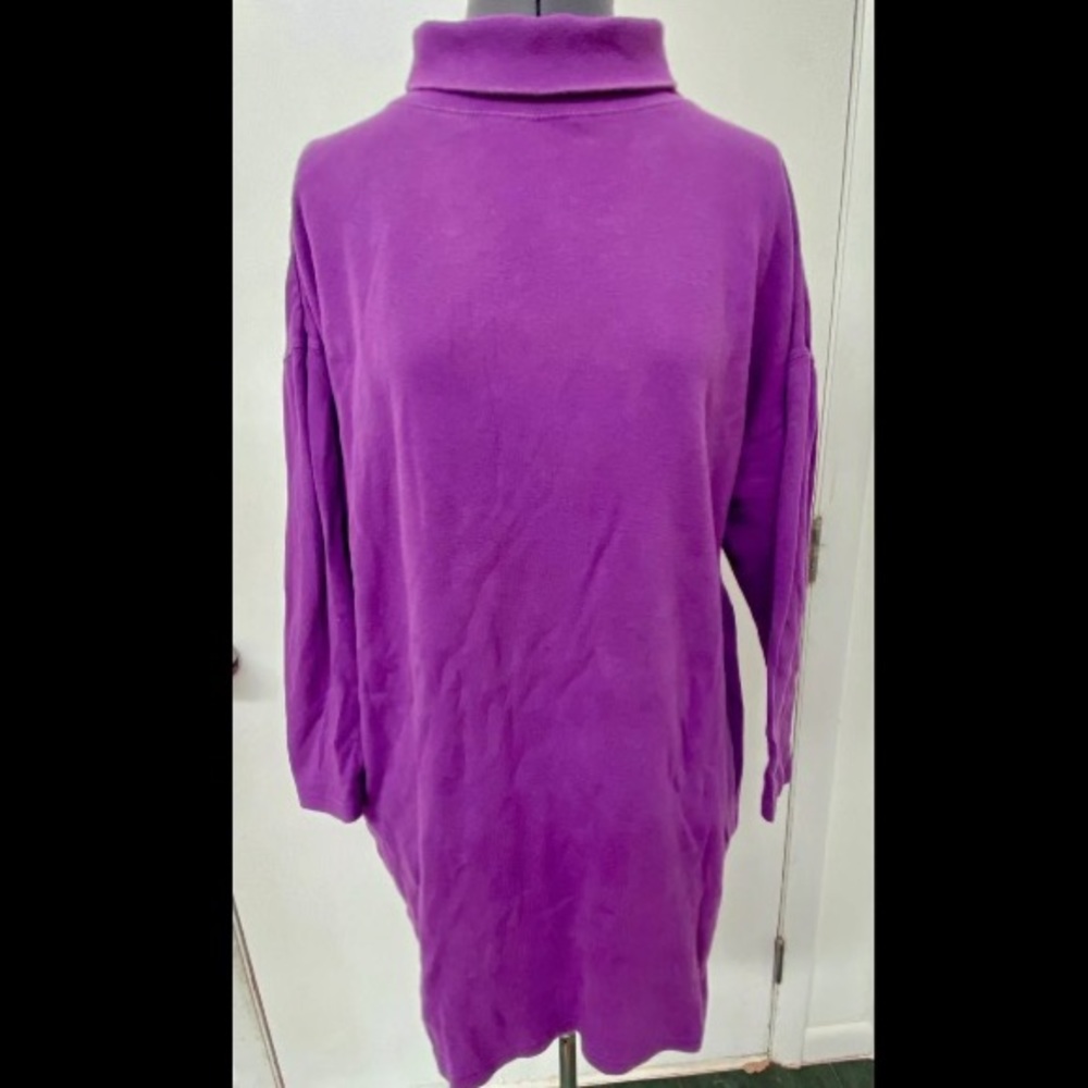VINTAGE 1980s FADS BRAND PURPLE COTTON KNIT JERSEY TUNIC TURTLENECK LARGE L
